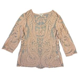 SAINT TROPEZ West Womens Lace Overlay Sheer Blouse Top M Pink Boho Preppy Layer
